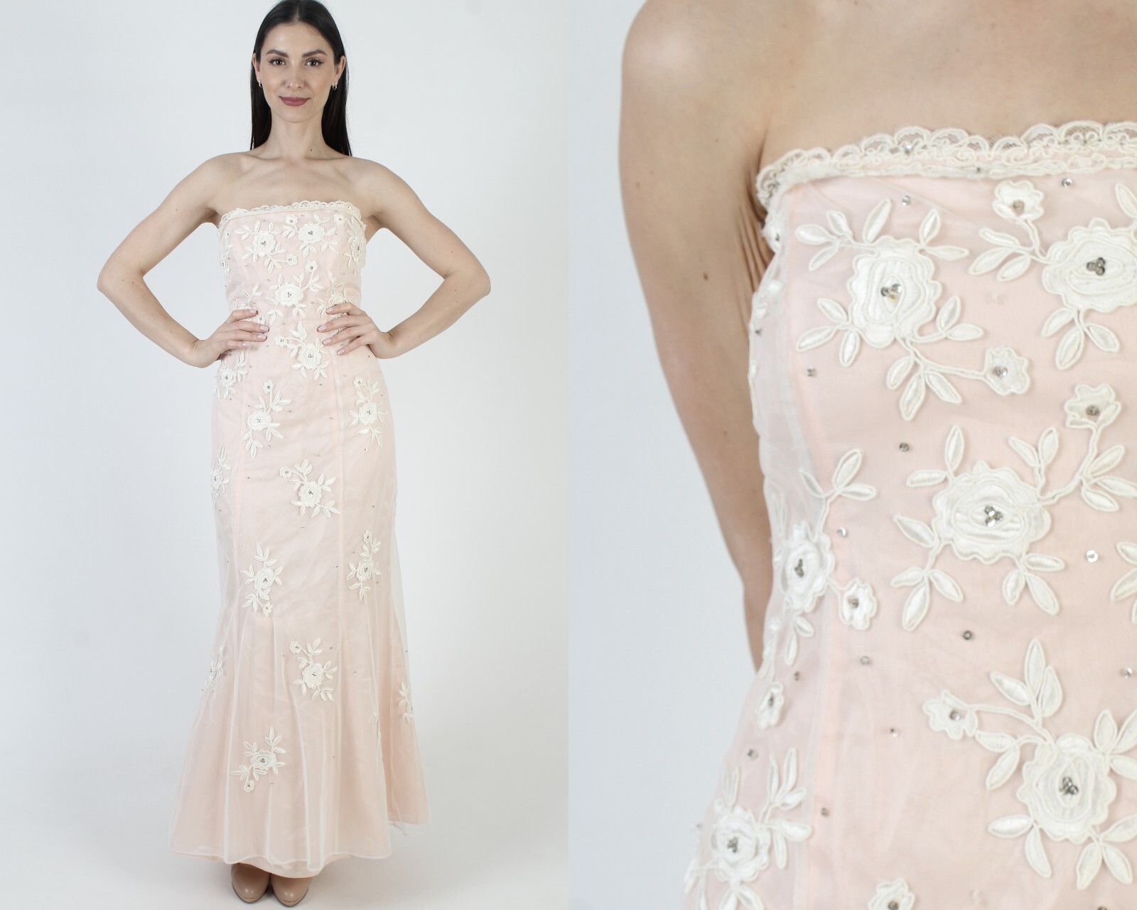 Vtg 90s Niki Livas Dress Pink Beaded Strapless Y2K Prom Mermaid Illusion Gown 6