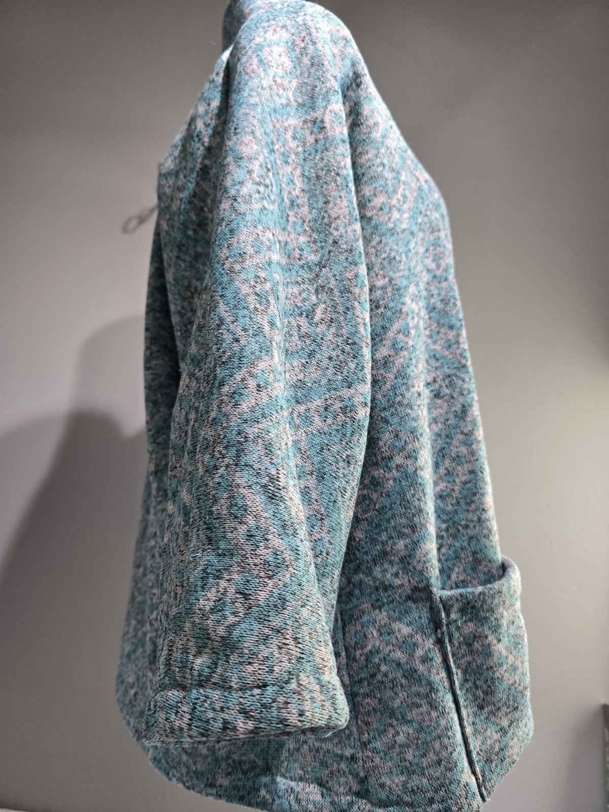 Vintage Handmade Bed Jacket Blazer Cardigan Large XL 3/4 Sleeves Heavy Aqua Gray