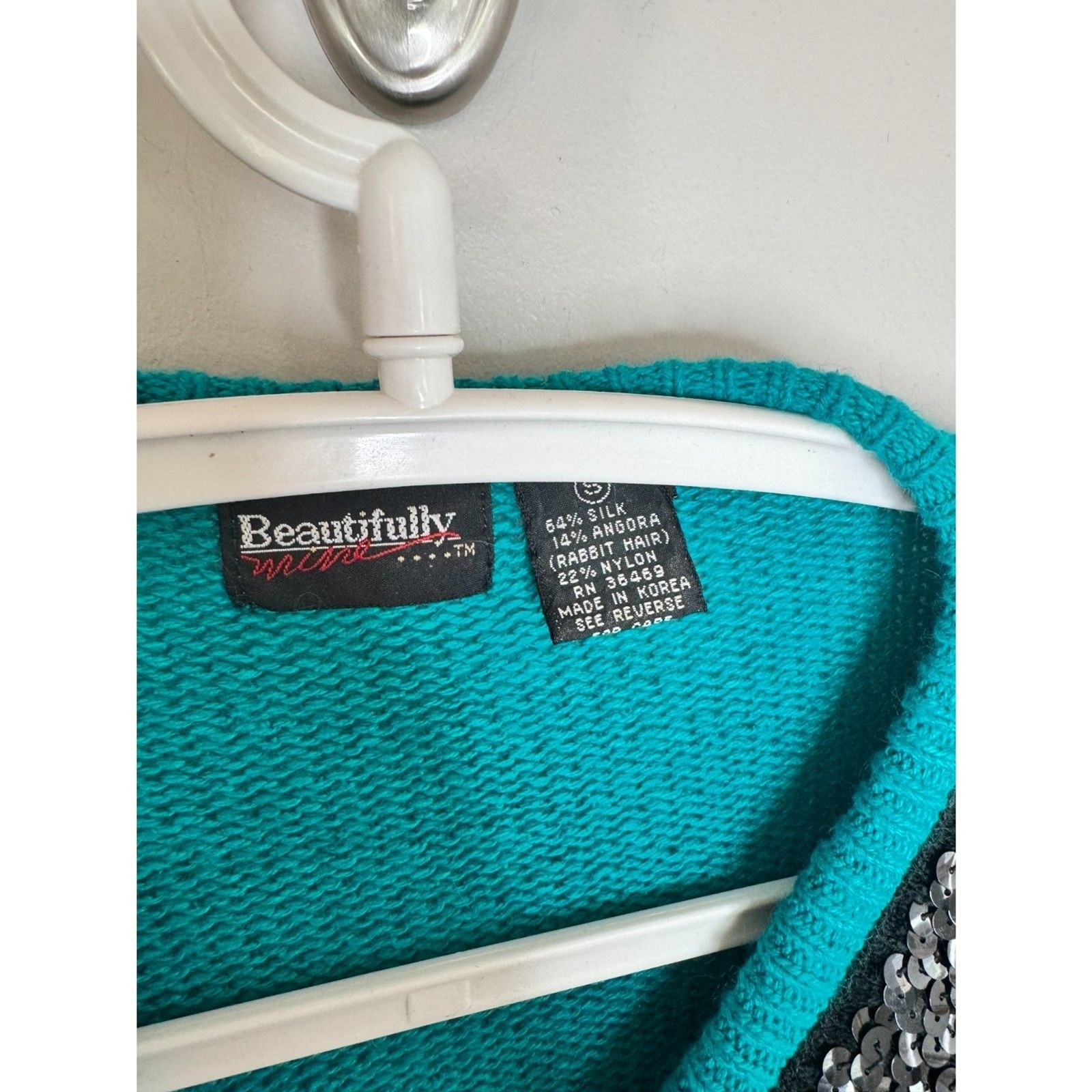 Beautifully Mine Vintage Silk Angora Sequin Bow Sweater Teal Turquoise Small