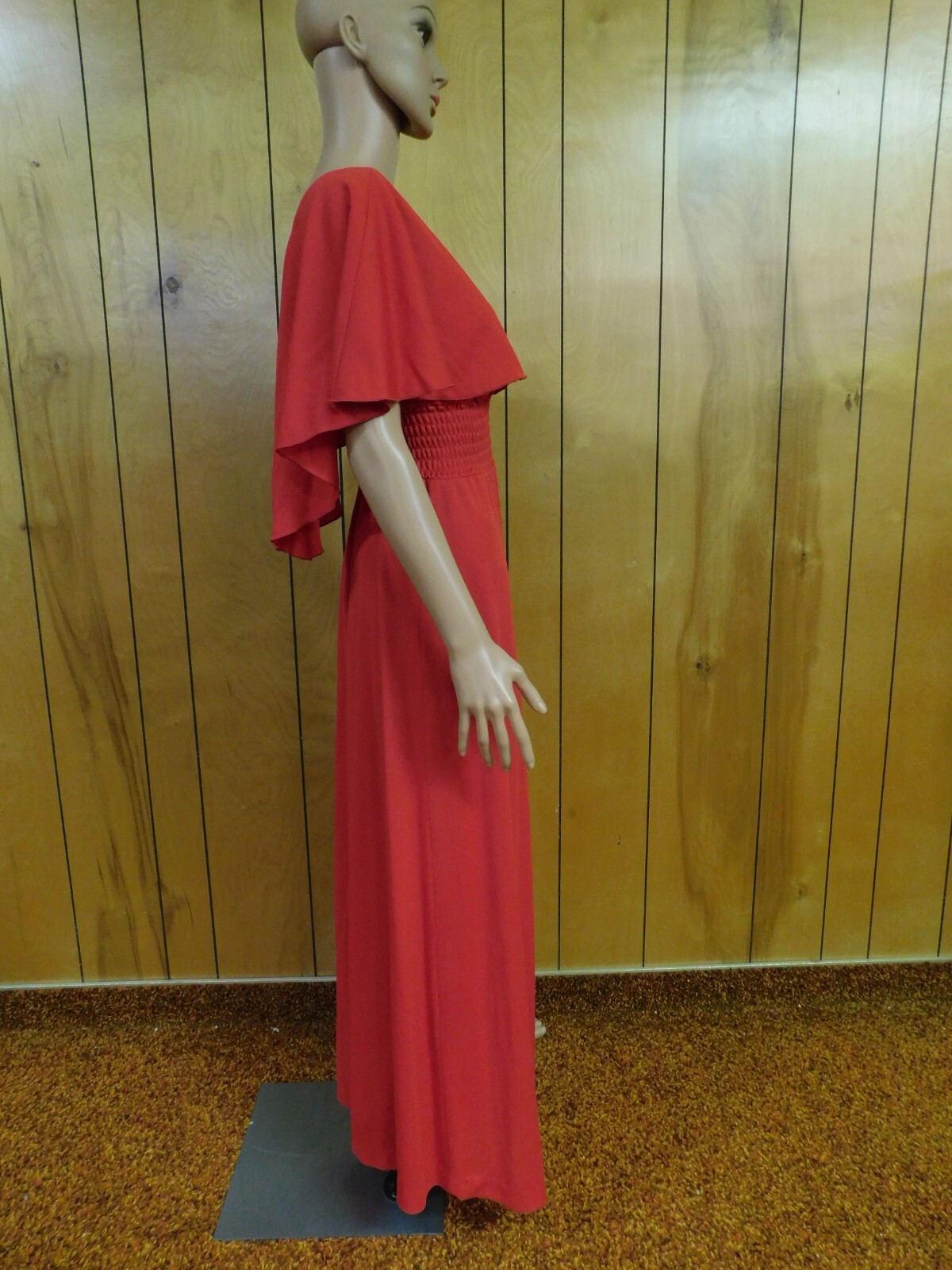Vintage Red Polyester Gown Maxi Dress 26- 30″ W Soiled*