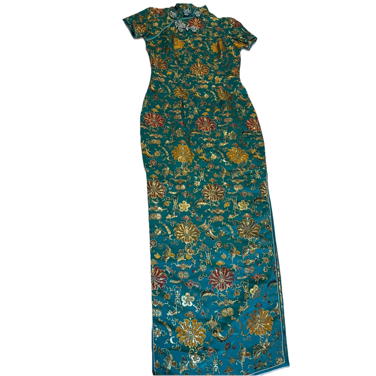 Vintage Women’s Dress Asian Mandarin Collar Cheongsam Gold Embroidered China XS