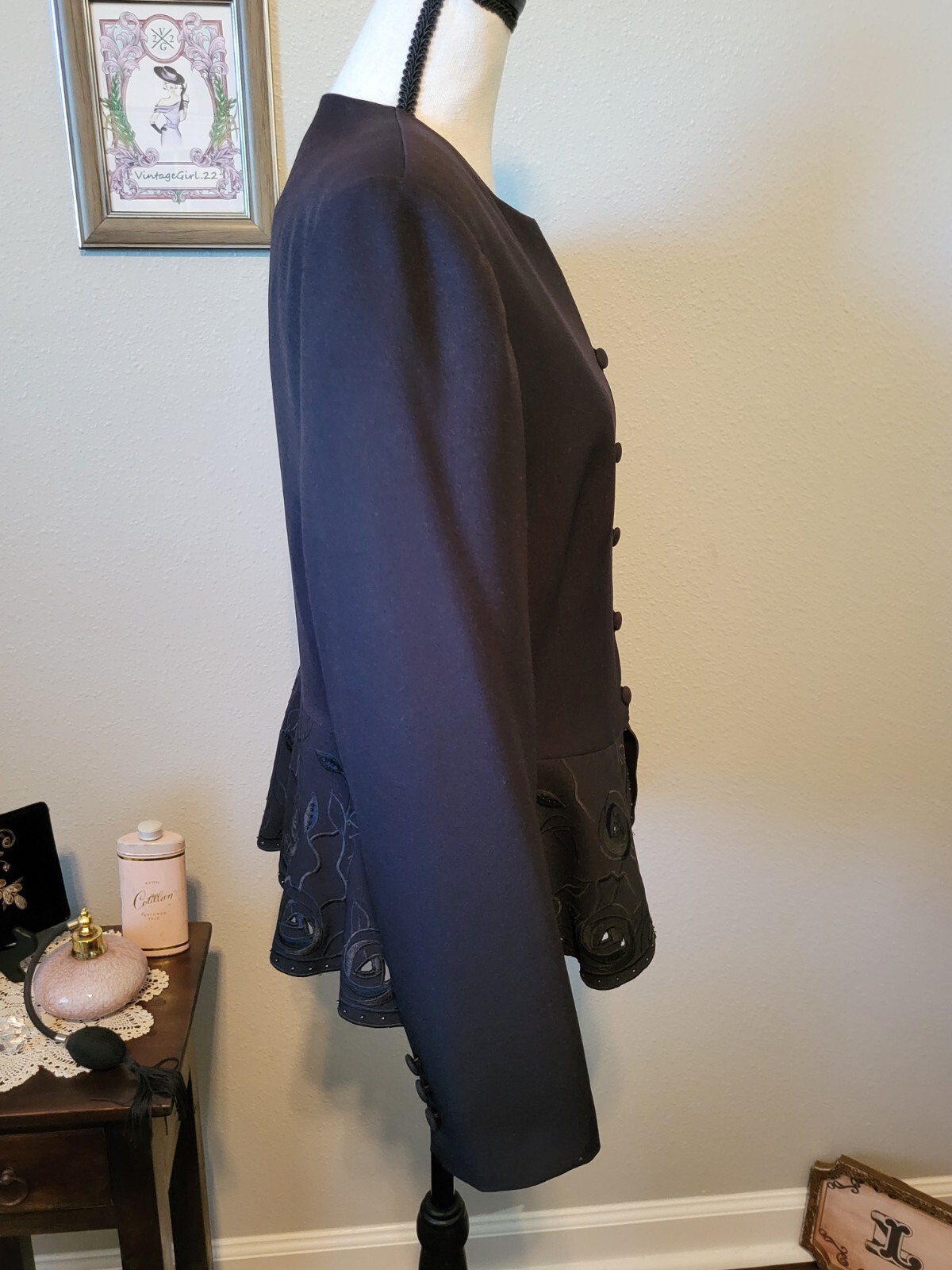 Vintage Black Blazer Peplum Scallop Cutout, Button Up By NYP Suits, Size 10