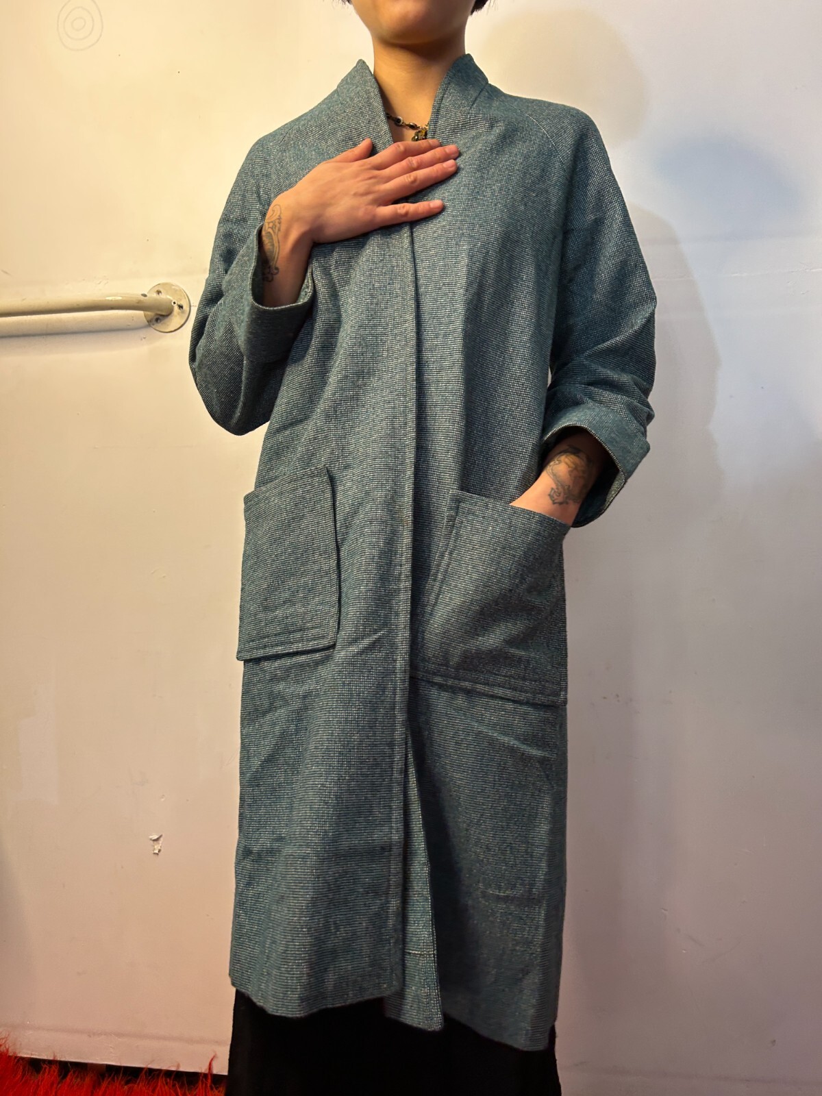 Vintage 1980s Blue Green Womens Woven Duster Coat Textured Cotton AU 6-8