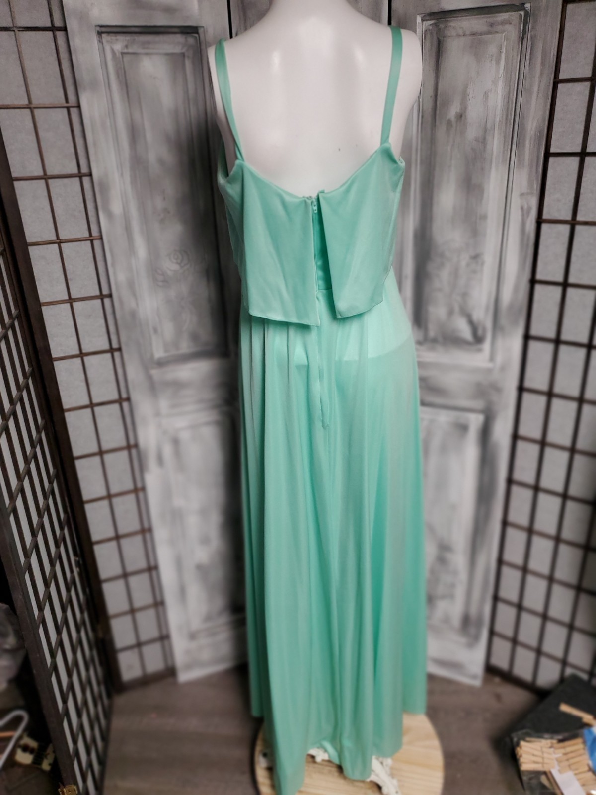 Vtg 70s Sleeveless Ruffle Layer Prom Dress M Maxi Long Bridesmaid Minty Green
