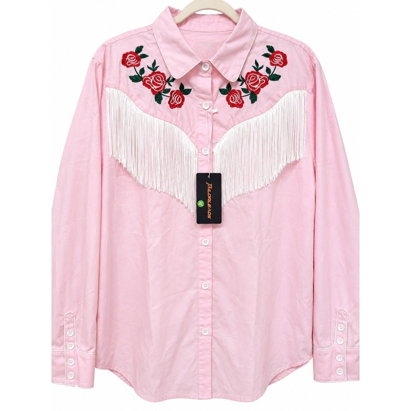 TailorLeads Pink Western Fringe Rose Embroidered Button Shirt XL NWT Rodeo