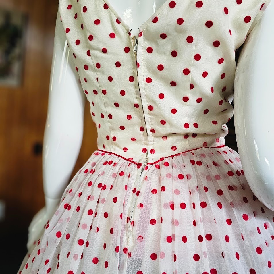 Vintage 50s Flocked Cherry Red Polka Dot Organza Shelf Bust Prom Wedding Dress S