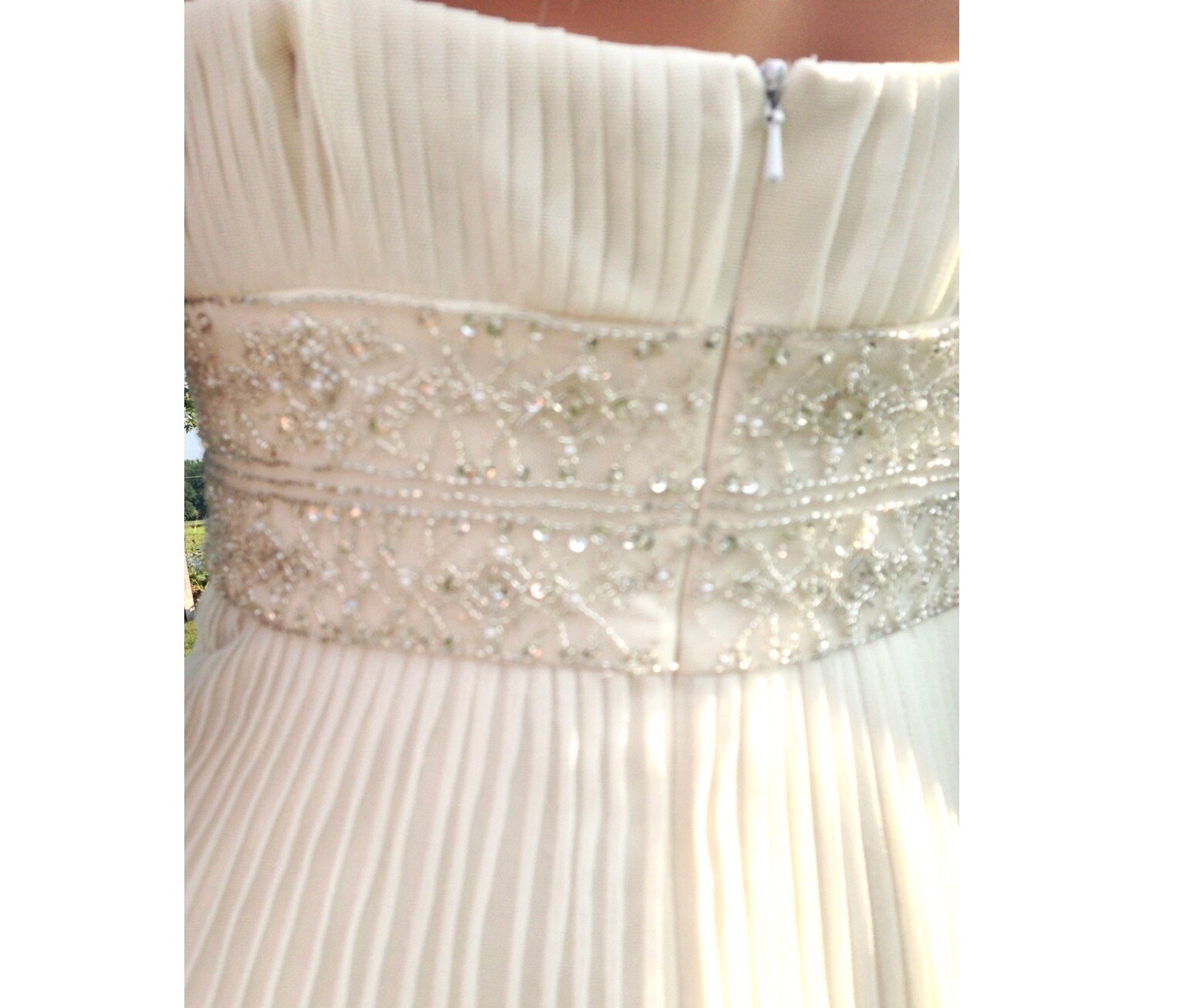Women’s Ivory Beaded Empire Waist Perma-Pleat Fit & Flare Spag Strap Party Dress