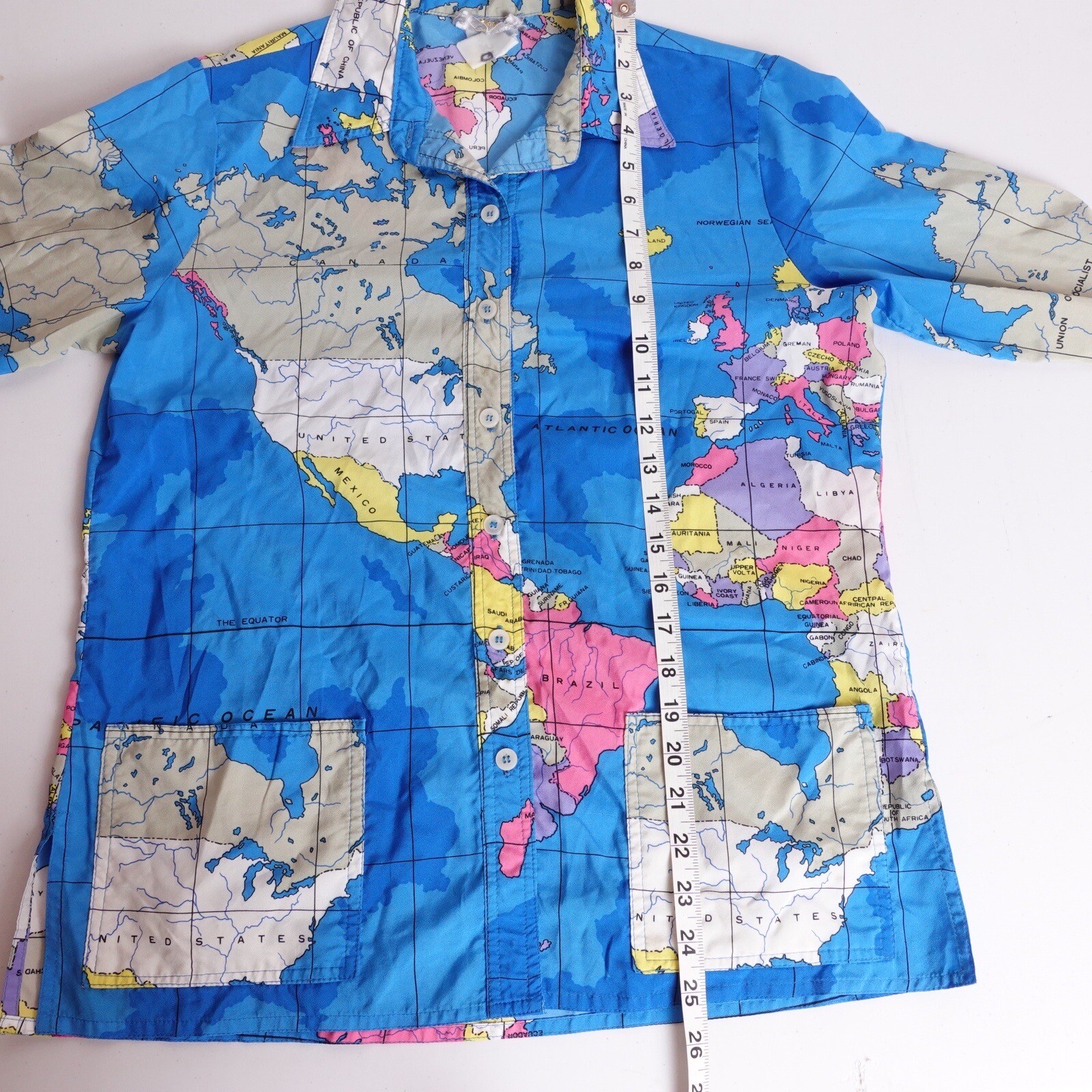 Vintage 80s Miss James Sir Womens World Map All Over Print Globe Shirt Medium