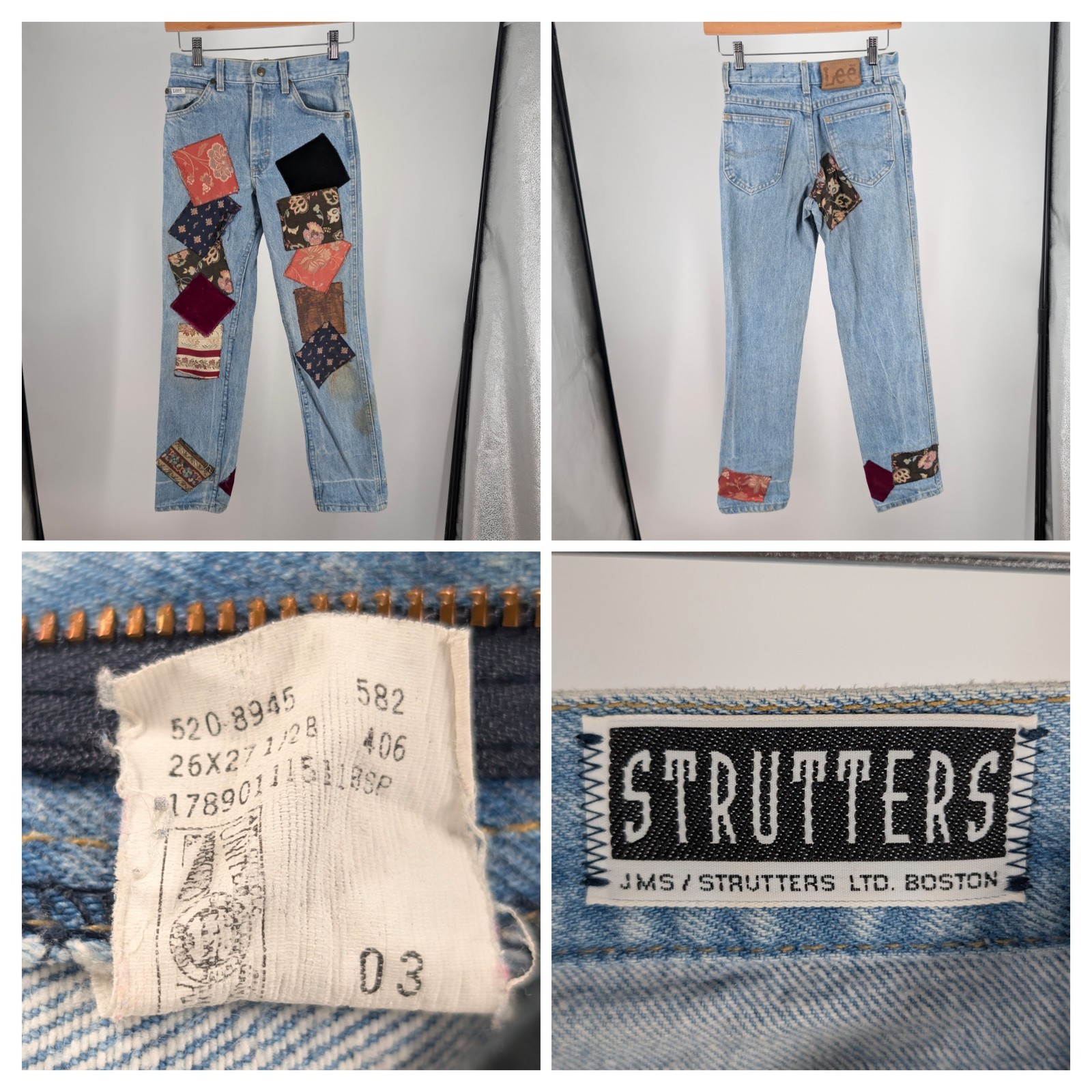 Vintage 1980s Lee Patchwork Jeans Strutters Boston Bobby From Boston USA 25×27.5