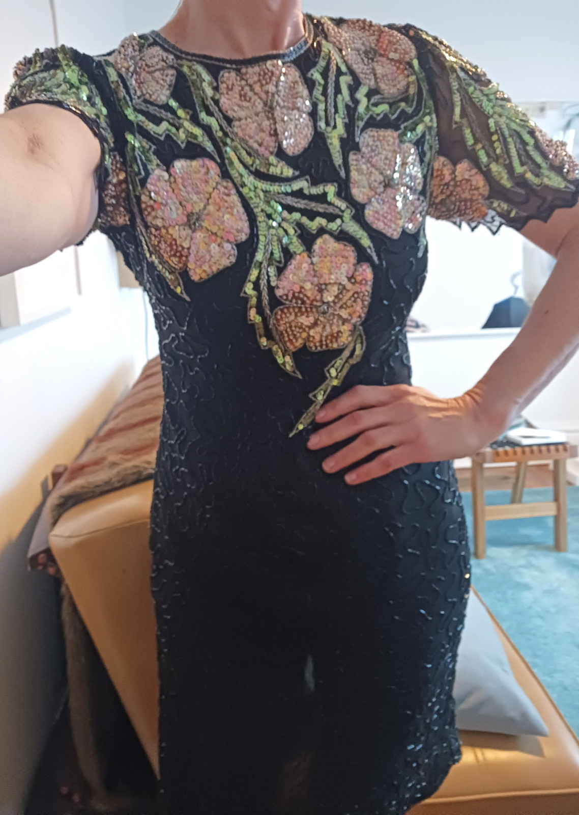 Vintage Black Floral Beaded and Sequin Midi Dress by Scala, Small