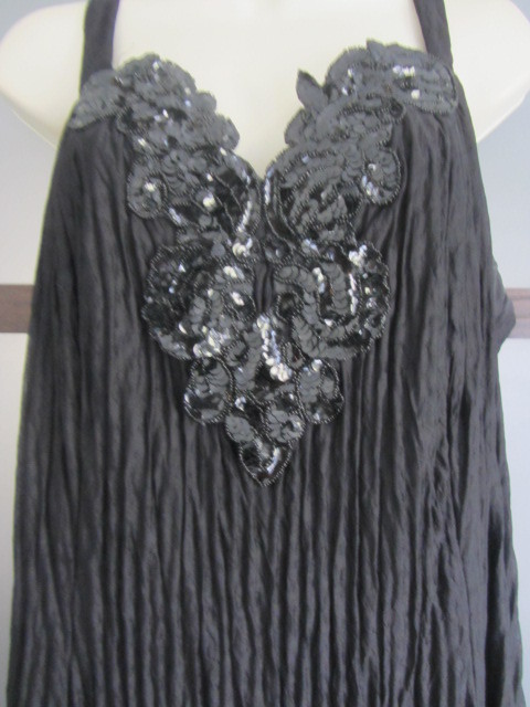 VINTAGE Dress Sz 14W XL 1X Black Crepe Sequin Applique Made in the USA Maxi Long