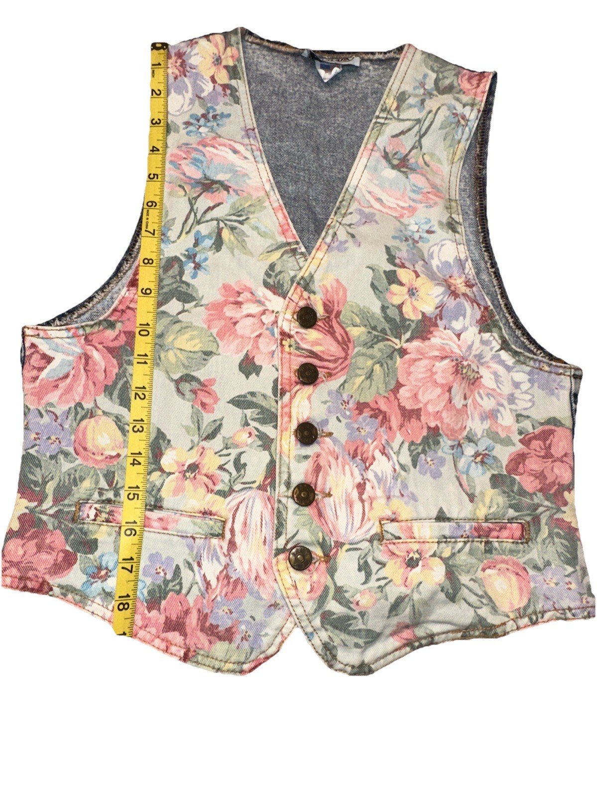 Vintage Zena Floral Acid Wash Denim Blue Jean Vest Medium Womens Cottagecore 80s