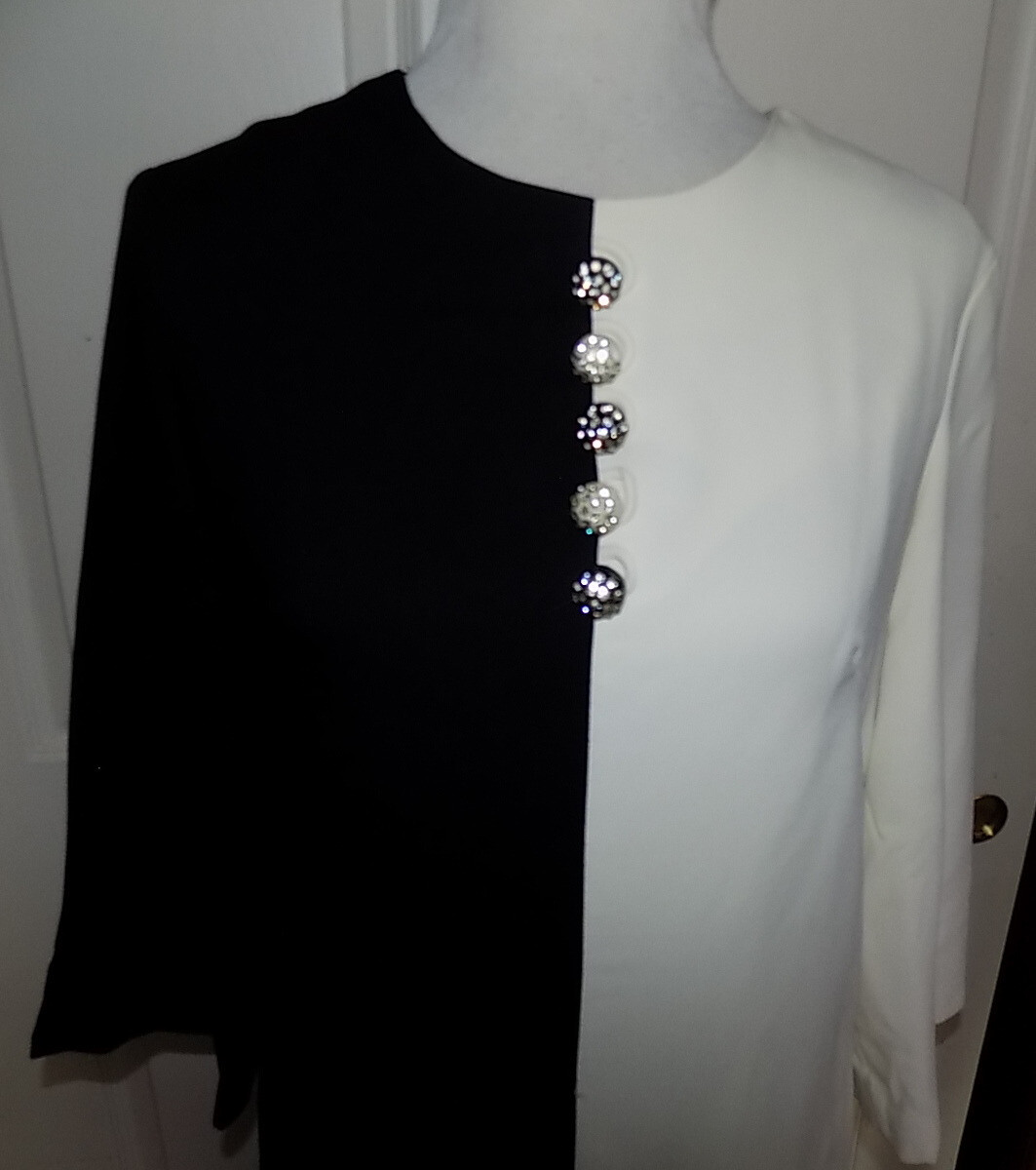Vintage Black White Rayon Dress Rhinestone Buttons Franklin Simon Size 16 B40