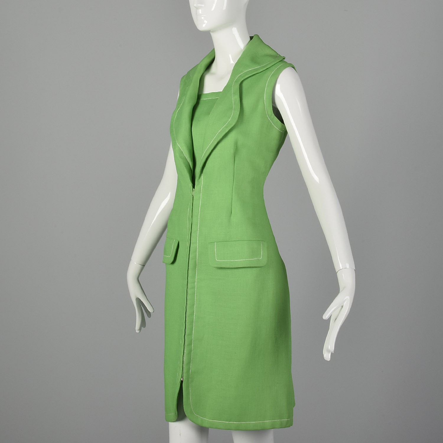 M Geoffrey Beene Green Dress 1960s Mod Zip Front Pocket Linen Shirtdress 60s VTG