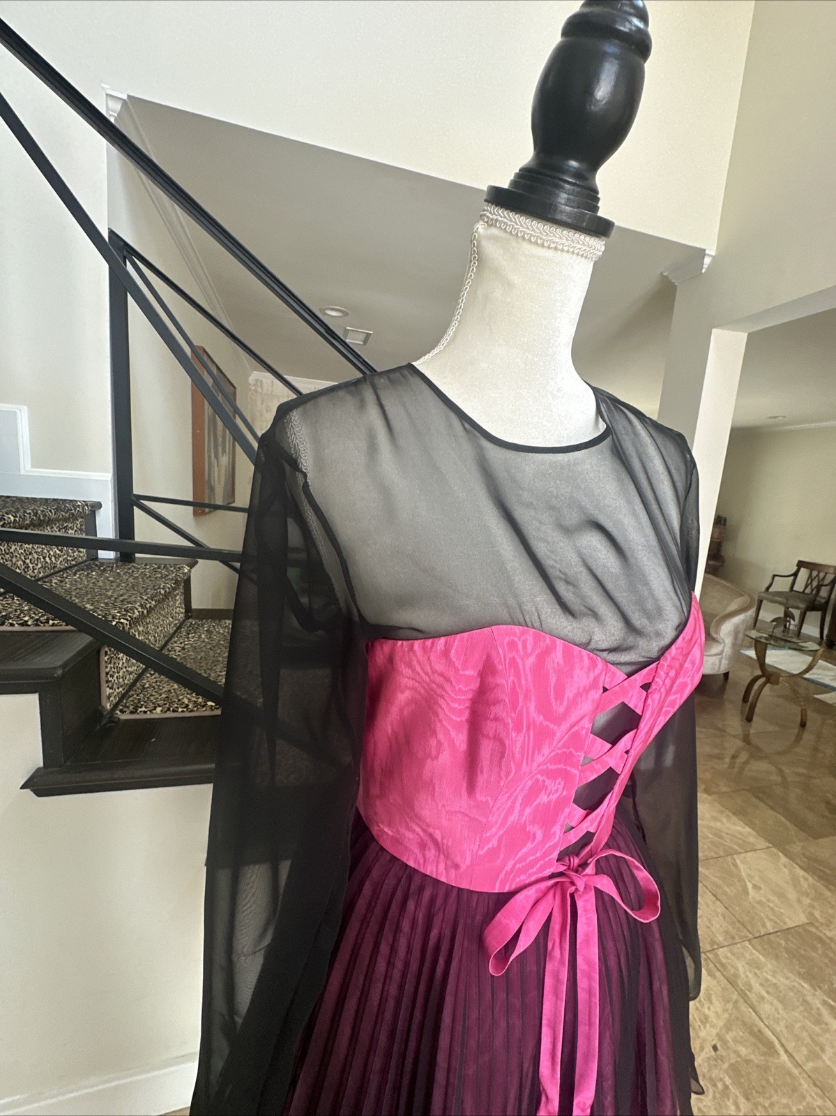 Guy Laroche 80s Pink Moire & Black Chiffon Corseted Tiered Pleated Dress 40
