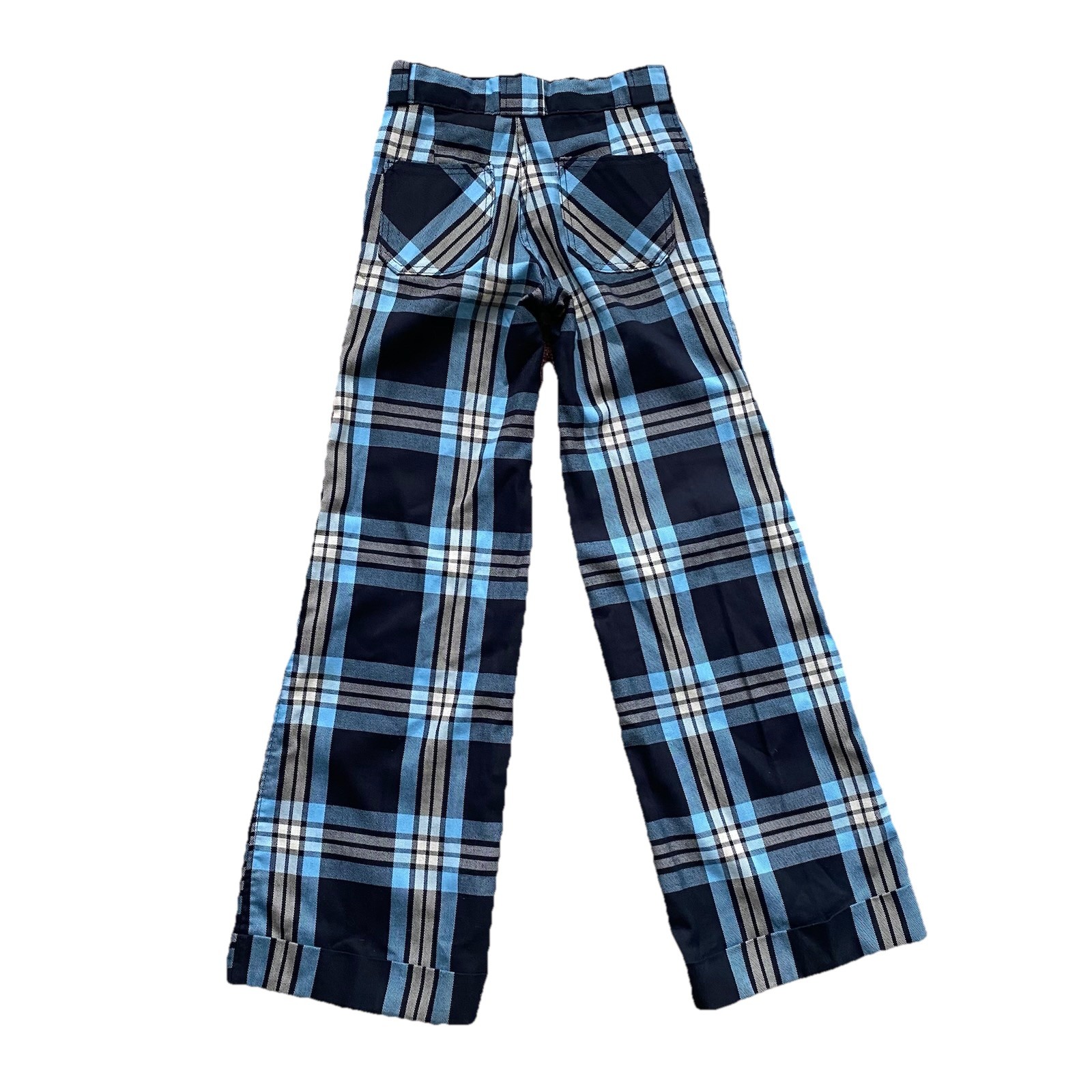 Vintage Plaid Bell Bottoms 27×32 Big Bell Flare Hippie Blue 70s Talon Zip Cotton