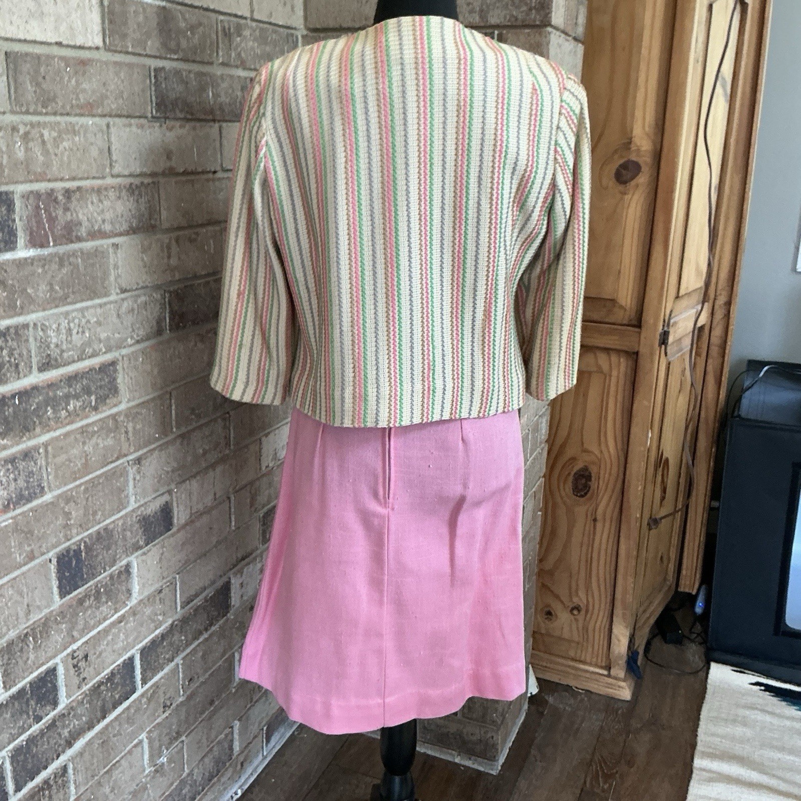 60s VTG Judy Wayne Pink Silk Viscose Dress Stripe Tweed Jacket Set Size 10 #39D7
