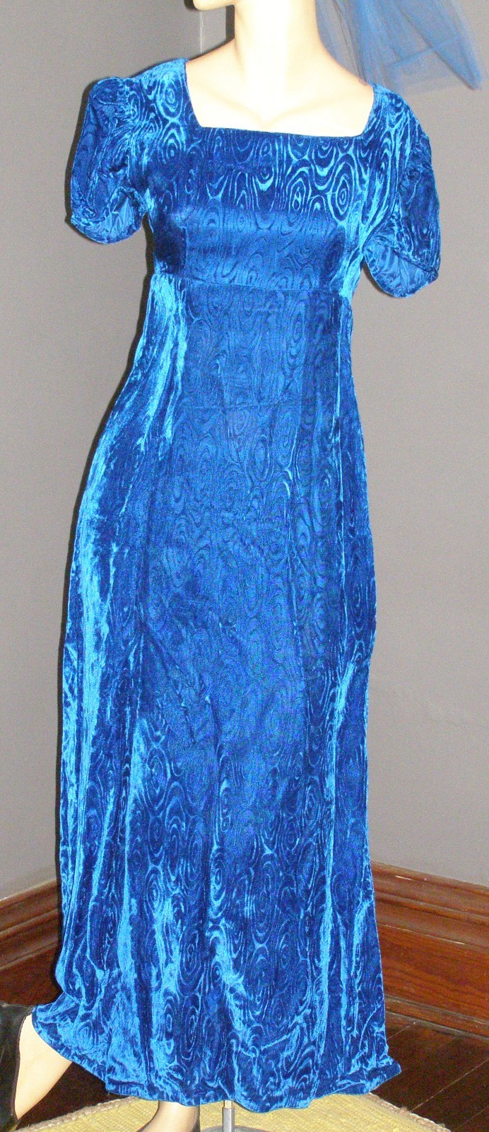 Vintage 60’s royal blue swirl VELVET maxi dress S M BOW back & hair comb regal