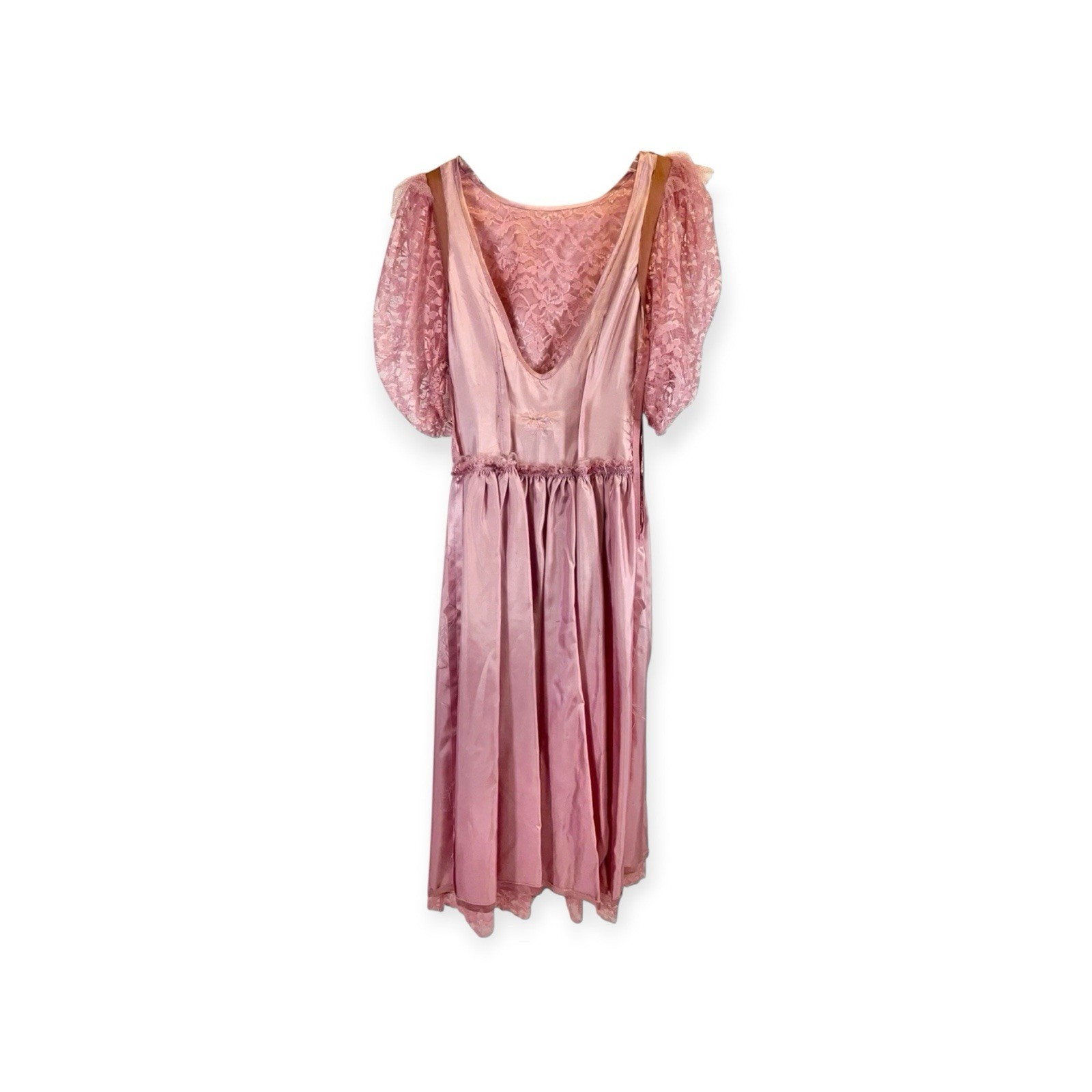 VINTAGE 1980s PRETTY PINK LACE NEW WAVE PUFF SLEEVE PROM PARTY DRESS VICTORIAN