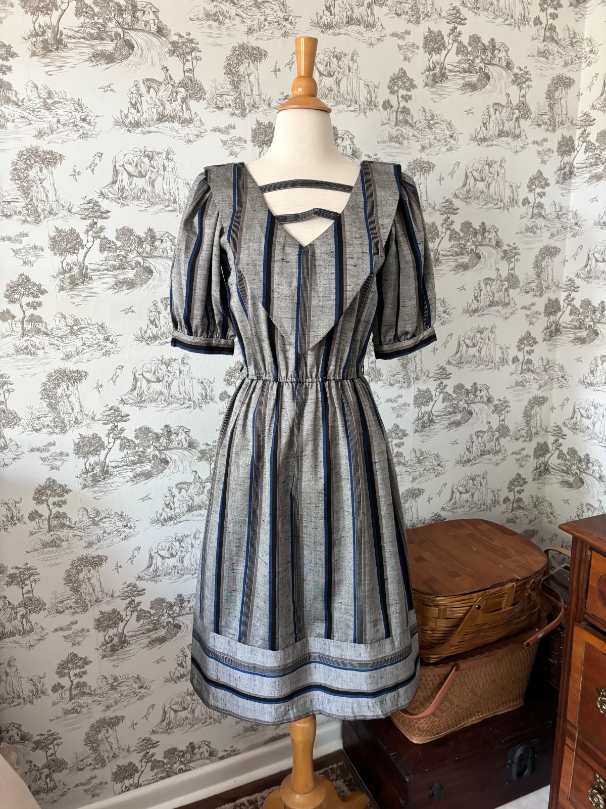 Vintage 80s Charlee Allison Striped Midi Dress: Blue and Gray Goth Gothic