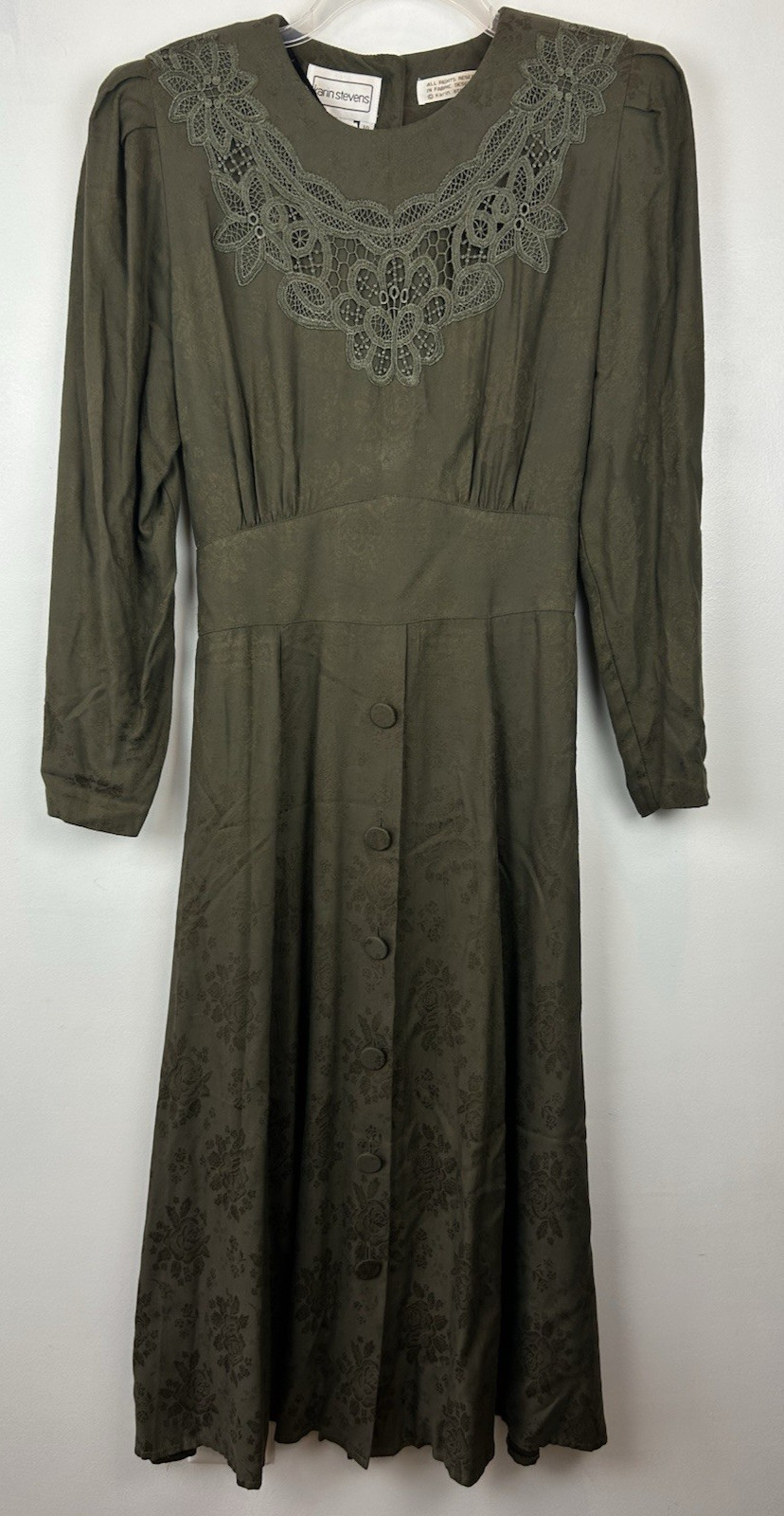 80s Vintage Dress Green Tapestry Print Midi Lace Collar Read