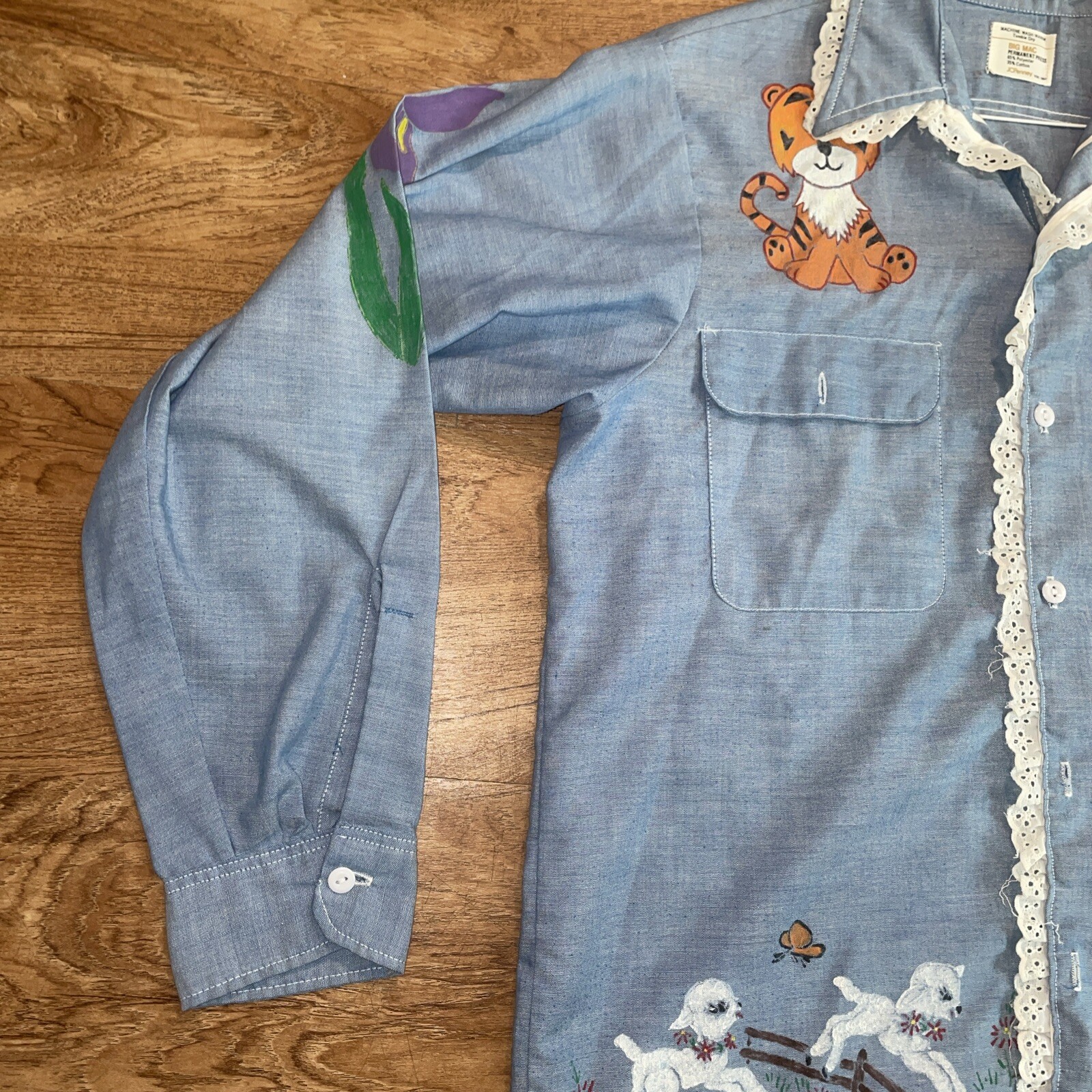 VTG BIG MAC Shirt Hand Painted 70s Long Sleeve Button Up Woman Size XL