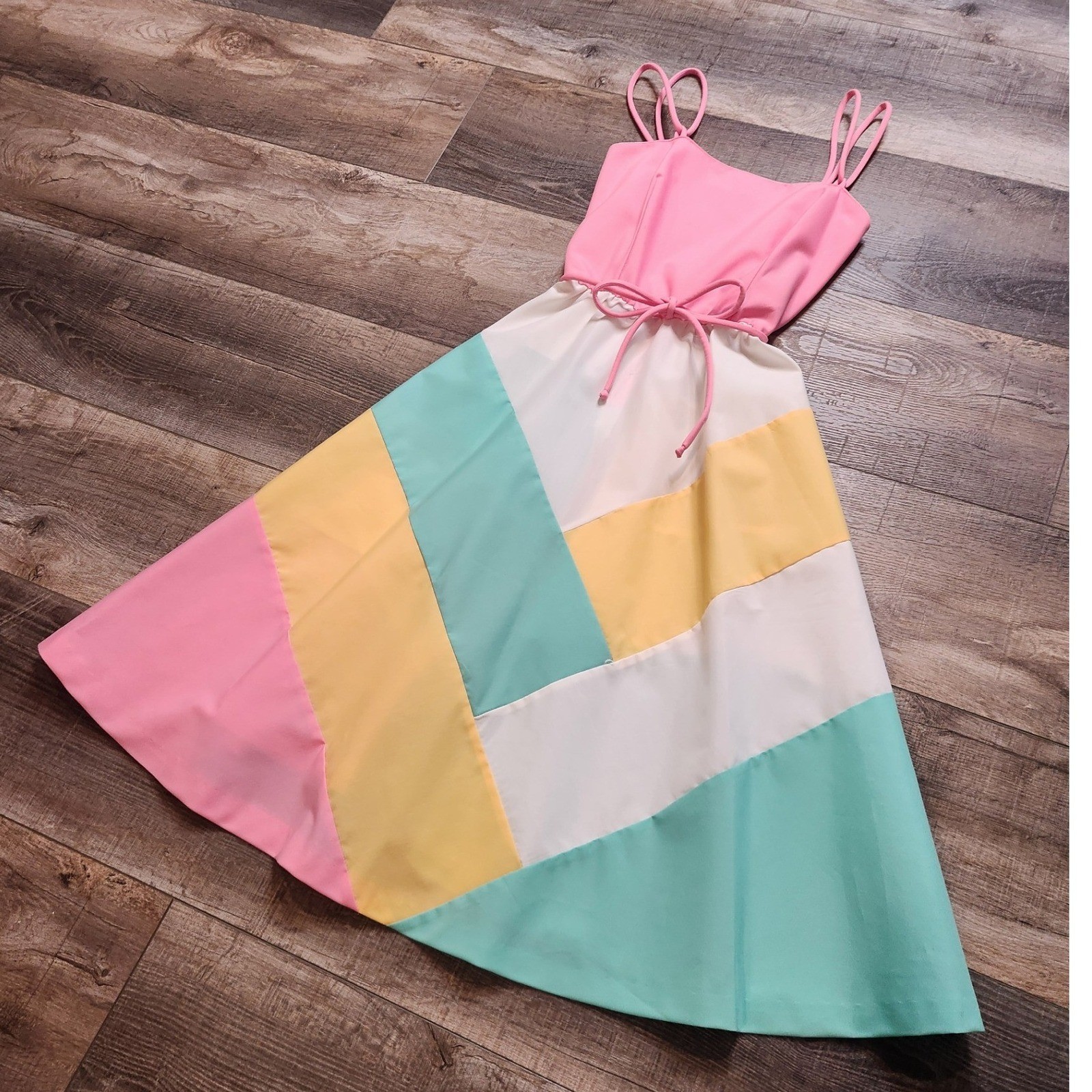 Jenni Vintage Sundress Women XS Pink Pastel Colorblock Excellent Fit Flare 70s