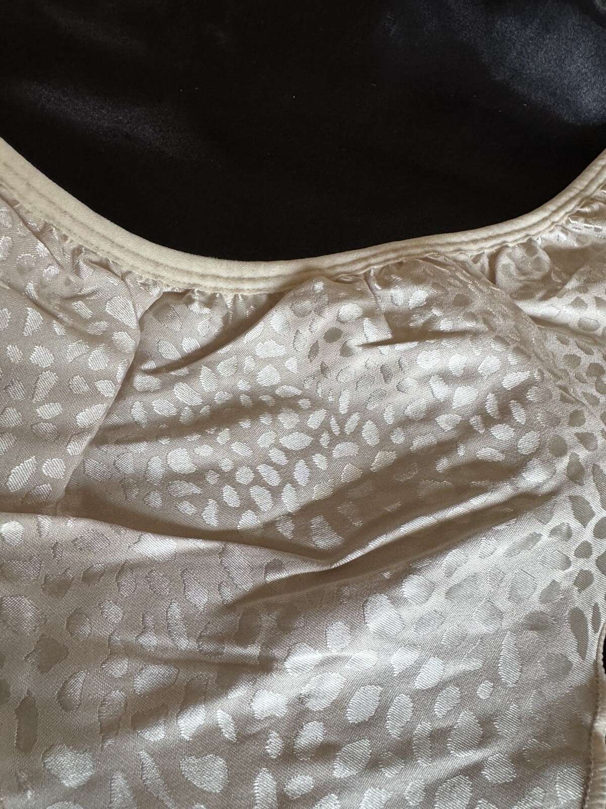 Sexy Vtg Style 1980s Satin Flutter Ruffle Cream Gold Print Thong Panties Sz L