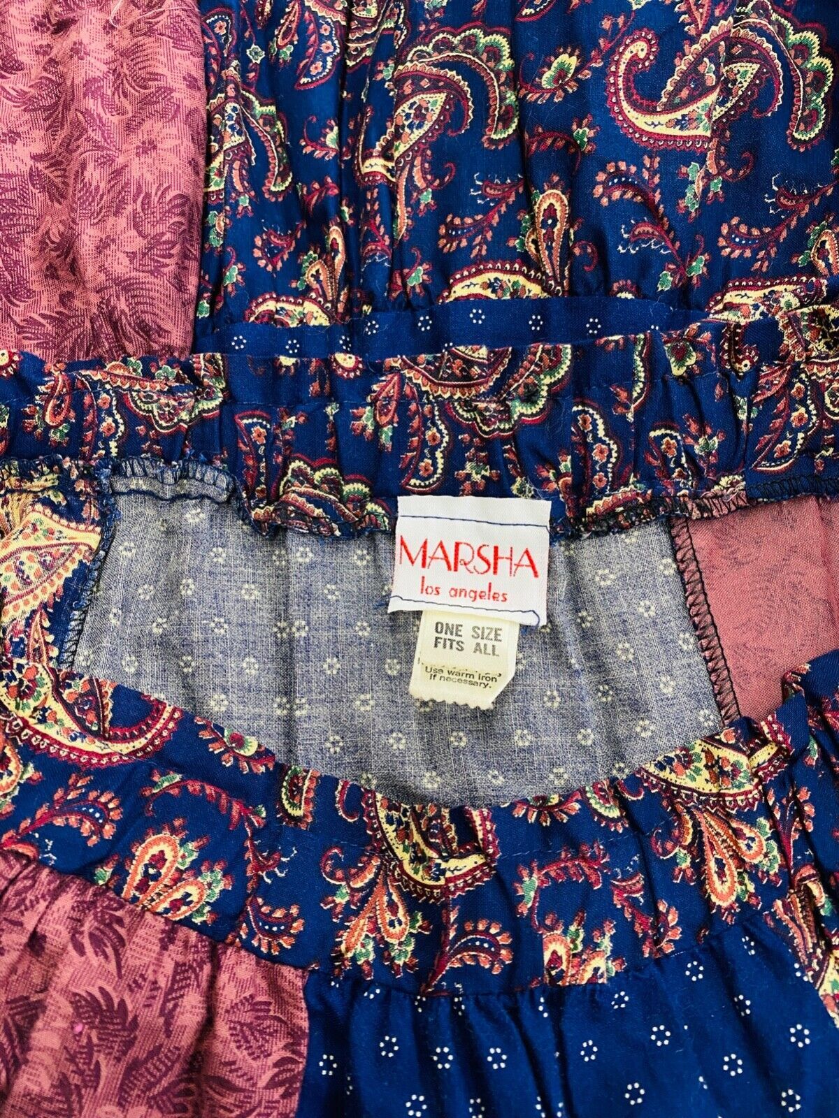 Vintage 1970s patchwork skirt, blue pink paisley boho prairie cotton circle OSFM