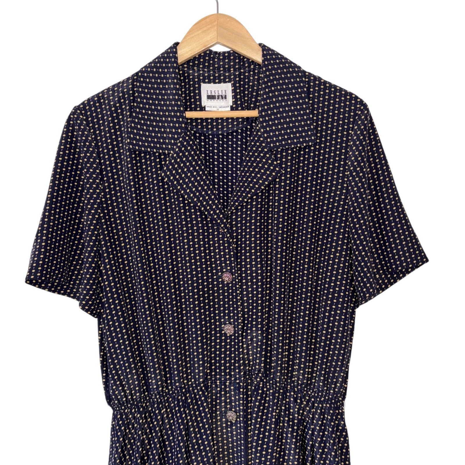 Leslie Fay Shirt Dress Womens Vintage Belted Midi Button Front 16 Navy Yellow
