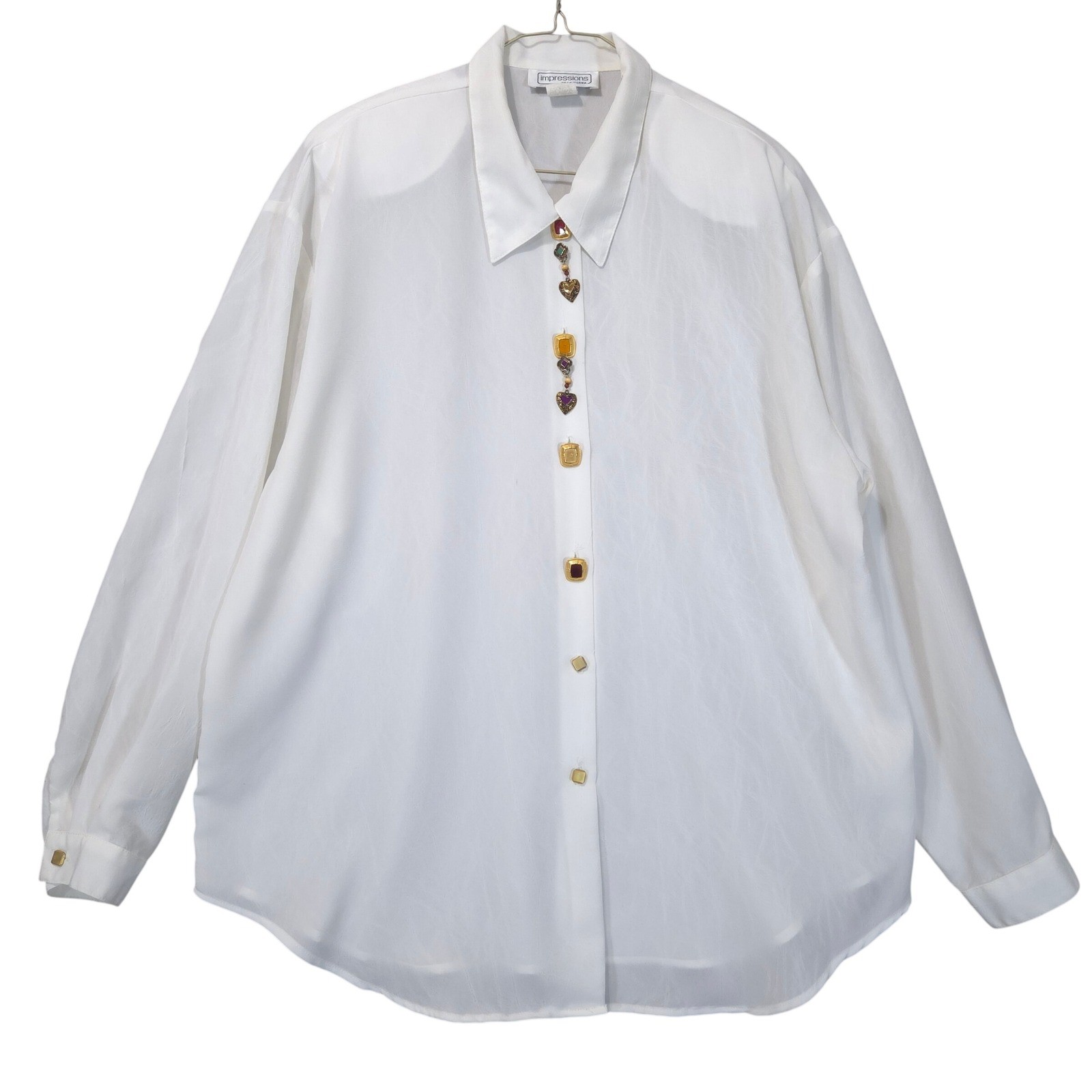 Vtg Impressions of California Jewel Heart Charm Blouse XL Button Down Shirt