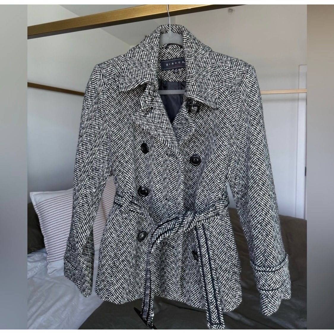 Giacca Tweed Croped Pea Coat LP Black Gray Herringbone Trench Jacket Y2K Preppy