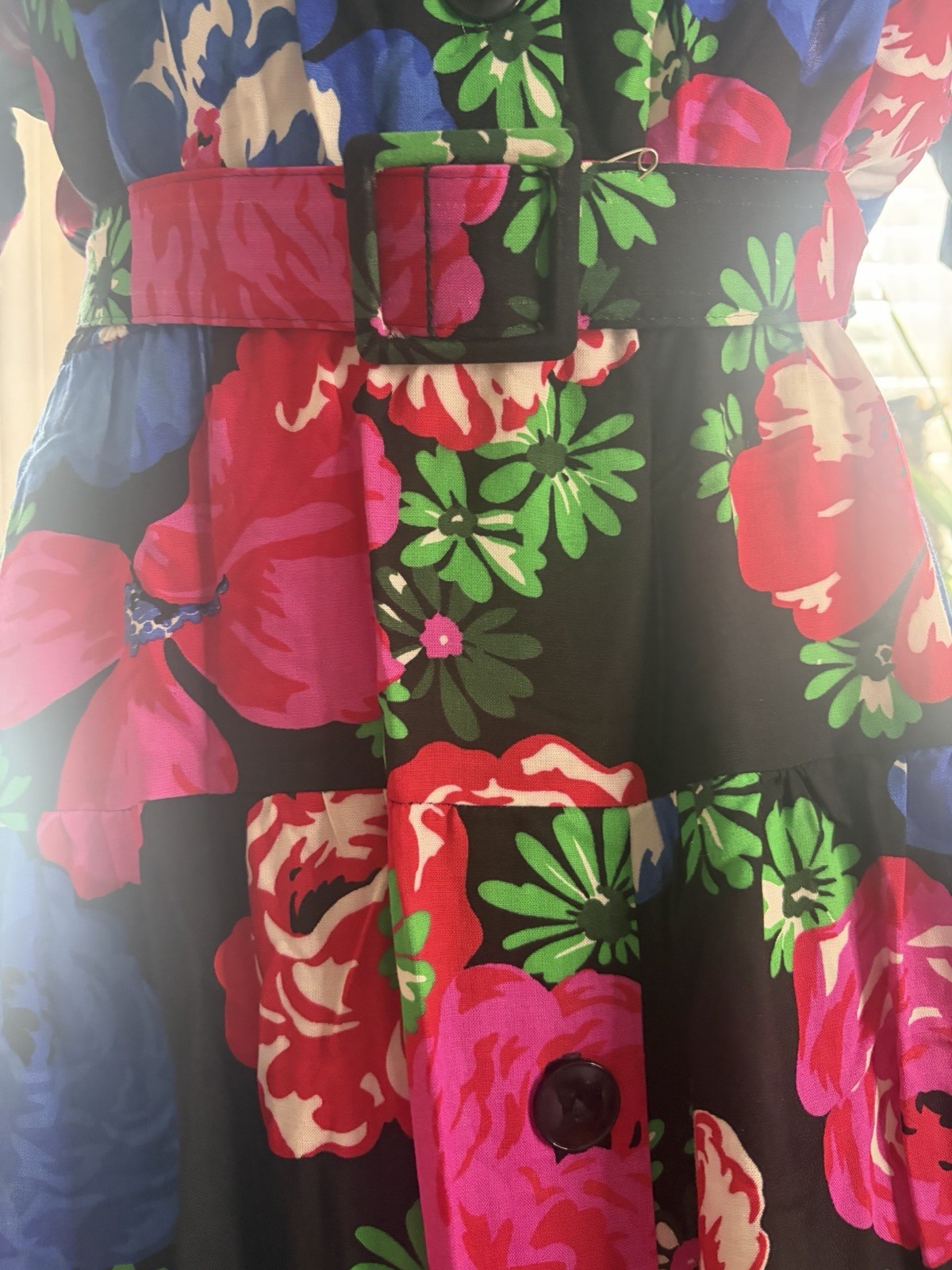 VTG Collared Floral Dress w Shoulder Pads, Buttons & Belt Made in USA Sz 13/14