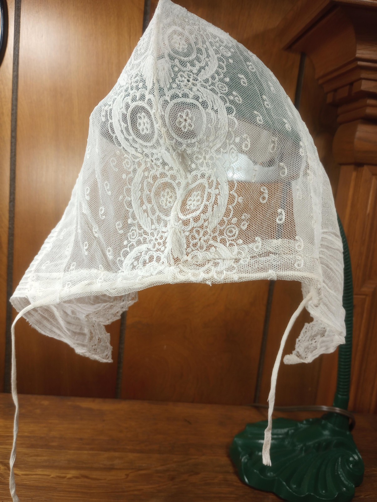 ANTIQUE Victorian Appliquéd LACE BONNET Fine Mesh Net