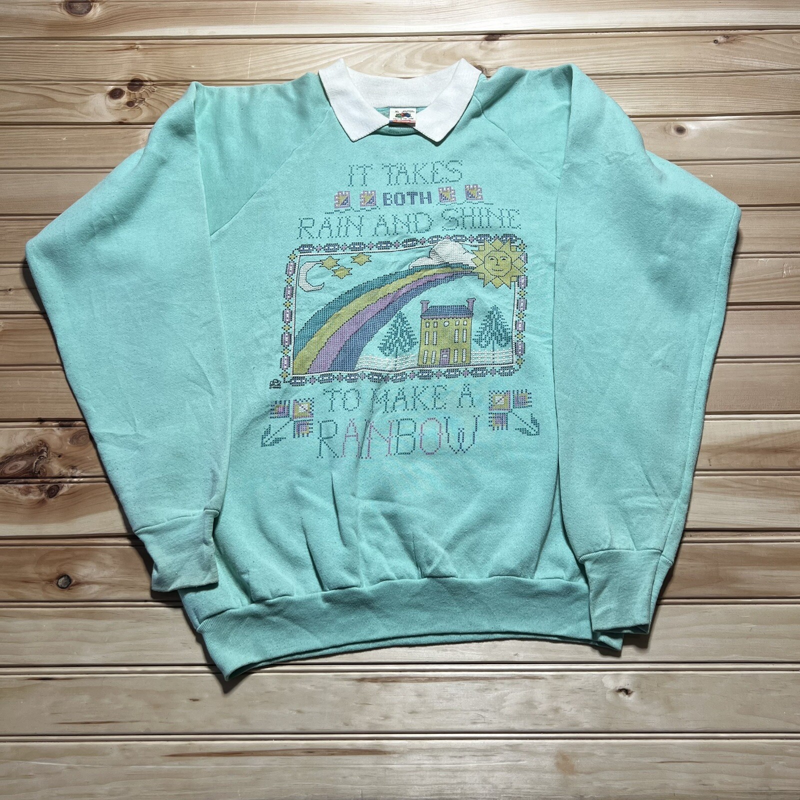 Vintage 80s Granny Core Rain And Shine Make Rainbow Needlepoint Sweatshirt – XL