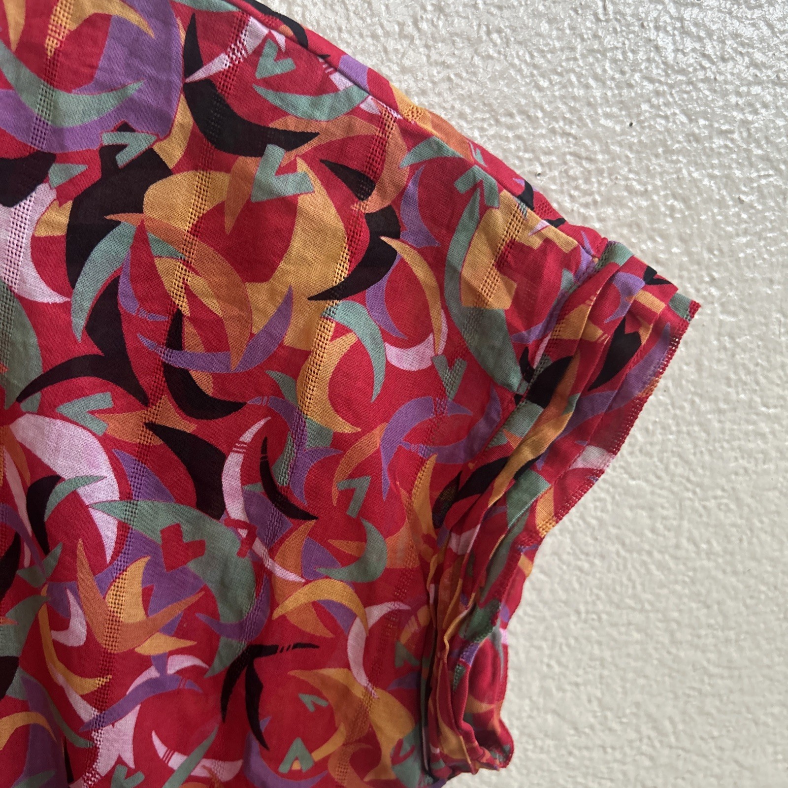 Vintage 70s Franck Olivier Silk Blouse – France Red/Multicolor Geometric 38 Bust