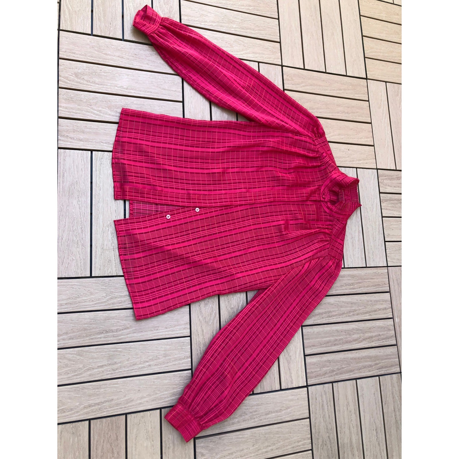 1980 bright red bright pink sheer stripes pleated collar blouse, size S