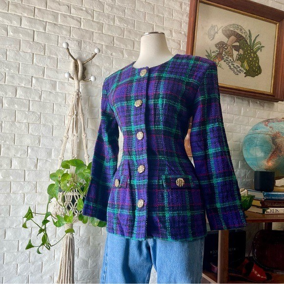 Vintage 1990s Y2K Rampage Tweed Plaid Colorful Blazer Top + Ornate Gold Buttons