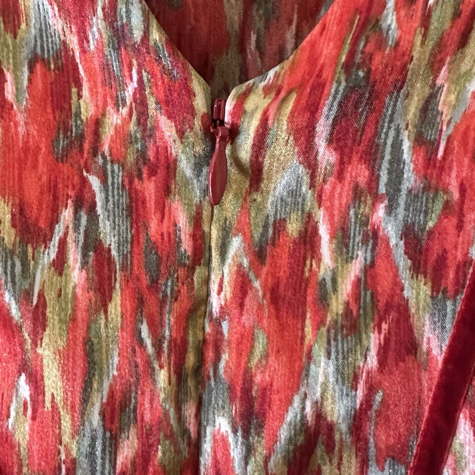 Oscar de la Renta Geometric Satin Pockets Caftan Dress Muumuu Half Zip Sz Small