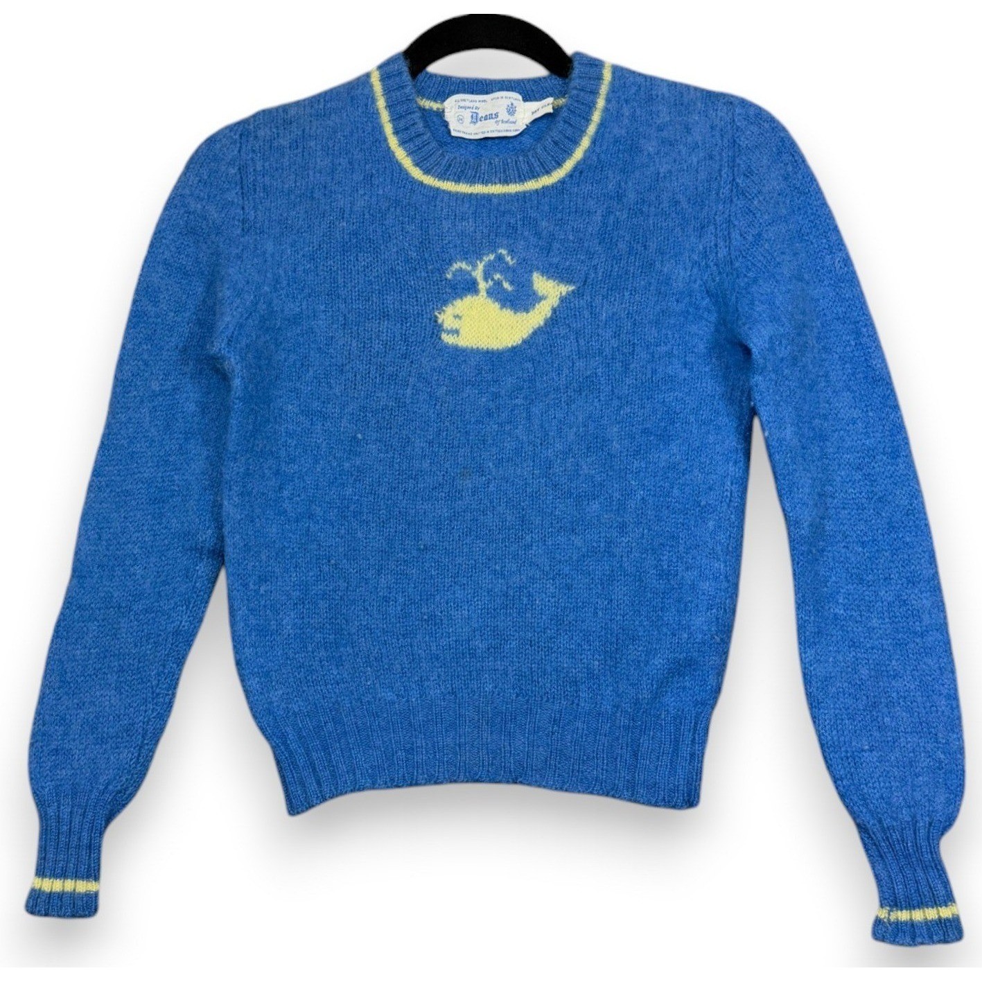 Vintage Deans of Scotland Sweater Womens 34 Blue Whale Shetland Wool Preppy 60s