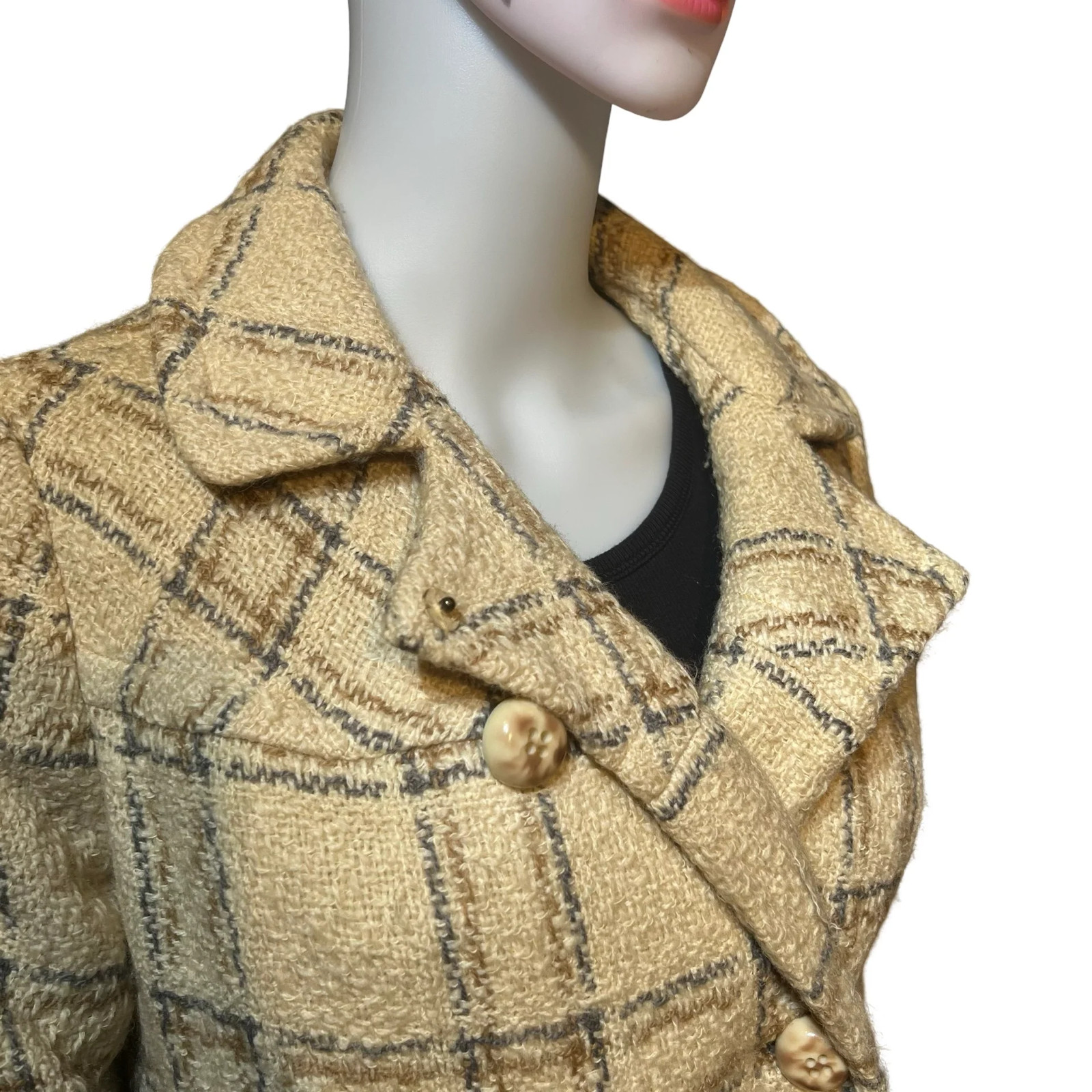 Vintage 1950s Cream Winter Coat Plaid Double Breasted VTG 50s Classic Jacket S