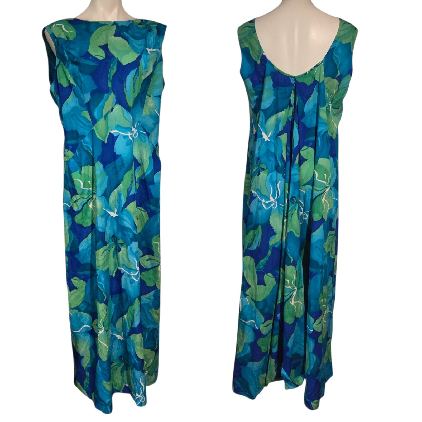 Vintage Liberty House Hawaii Maxi Dress Faux Cape Flowy Blue Green Floral M/L