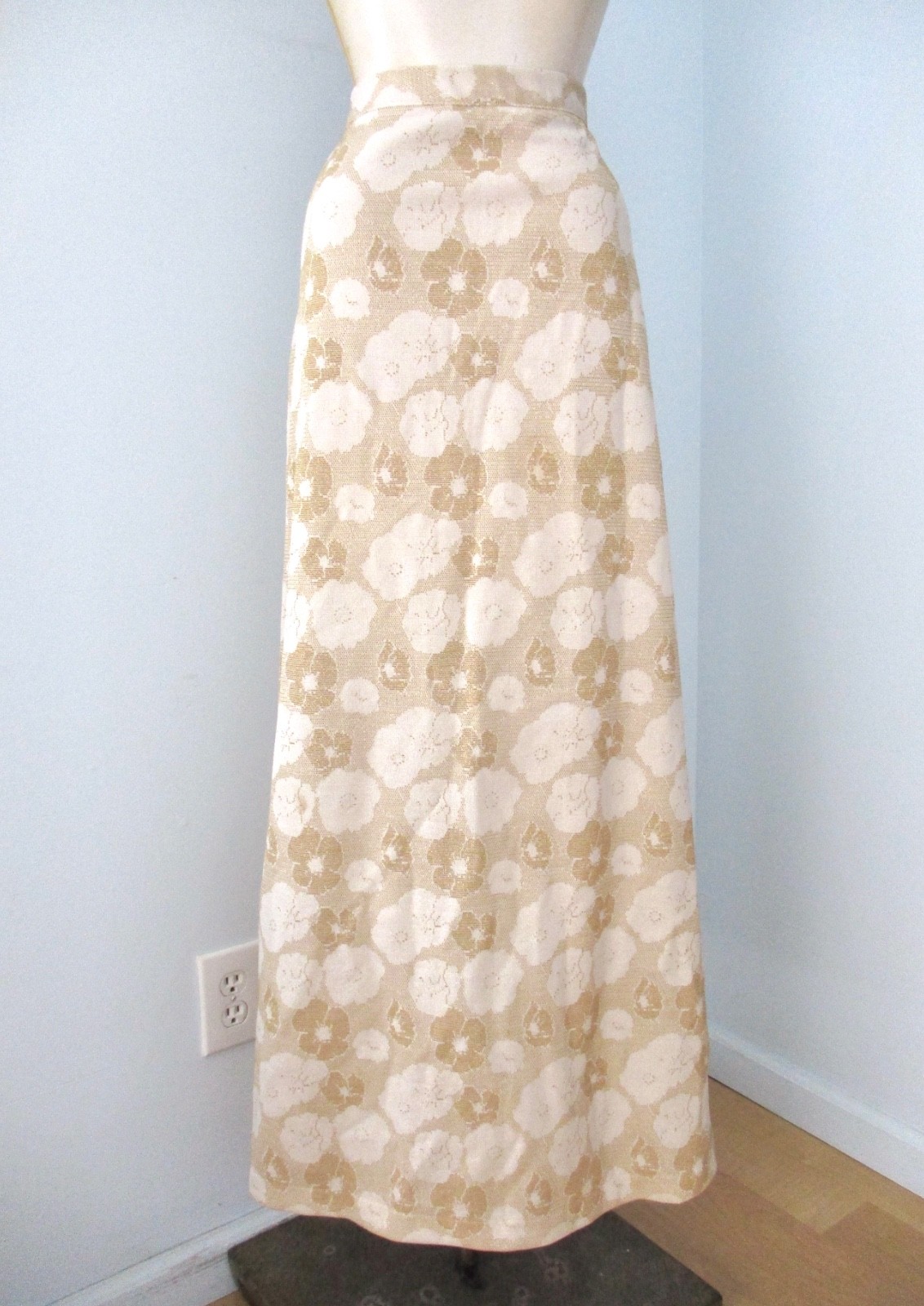 Vtg 70s sparkly metallic glitter gold floral maxi disco hostess skirt 11 / 12