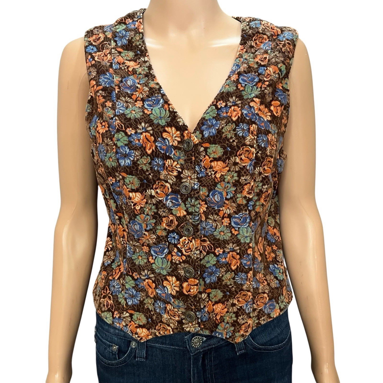70s VTG Shellys Tall Girls Shop Womens Corduroy Cropped Vest Large Floral Retro
