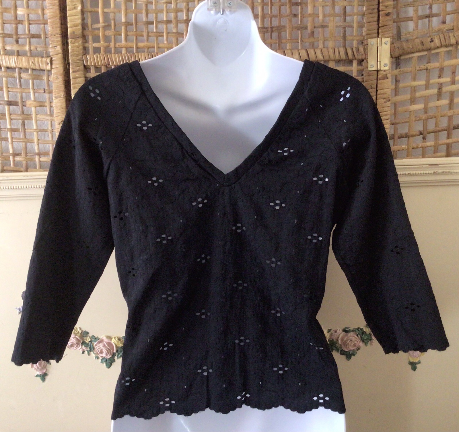 NWOT Vintage Y2K Victoria’s Secret Moda Intl Black Stretch Sheer Eyelet Top M