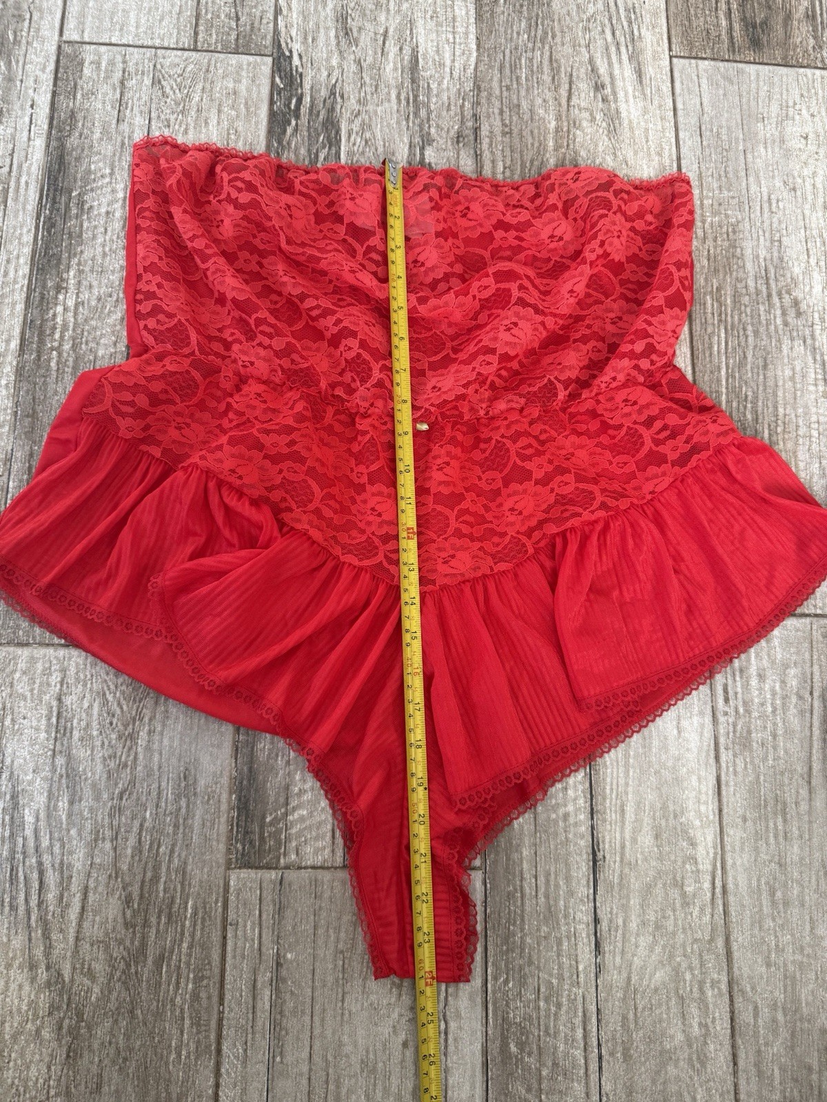 Vtg Strapless Sheer Red Lace Nylon Romper Negligee Lingerie Pleated Skirt XL