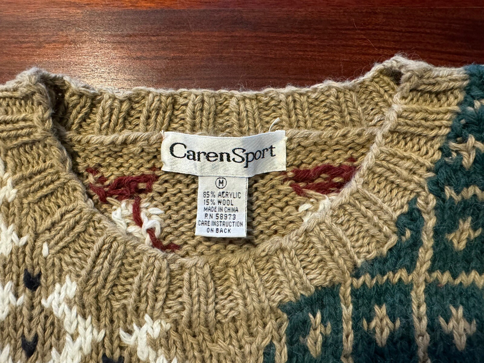 Vintage Chunky Knit Sweater Medium Caren Sport Cottagecore Tan Maroon Green