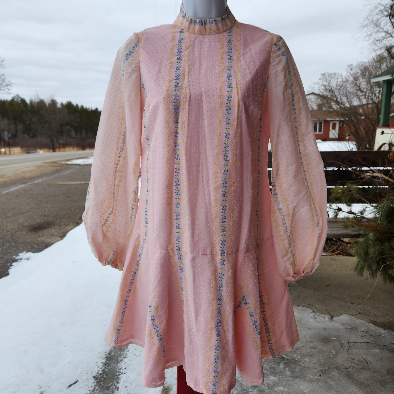 Vintage handmade Pink cotton blue accented Dress