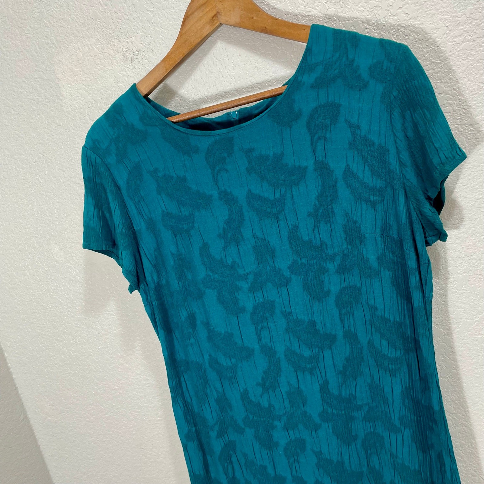 Vintage 1990s Molly Malloy Jacquard Sheath Rayon Midi Dress Teal Blue Size Large