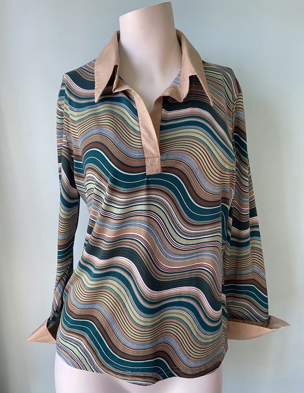 Vintage 1980s FORENZA Psychedelic Disco Mod Shirt Women M Wavy Pullover Cuffs
